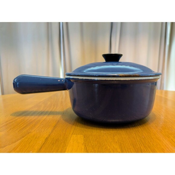 Vintage 16 Le Creuset France Enamel Cast Iron Sauce Pan Blue Hollow Handle w Lid - Picture 1 of 10